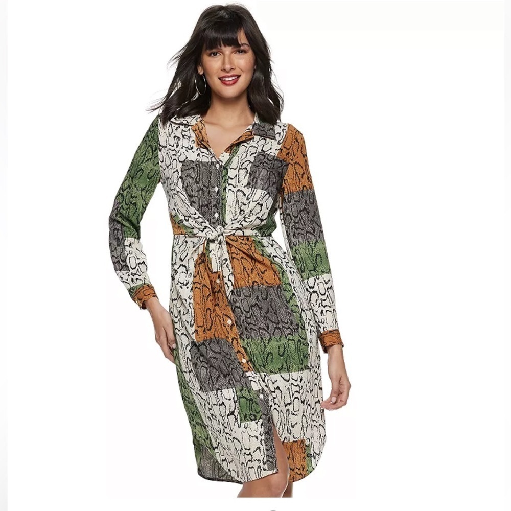 Nine West Patchwork Snake Print Shirt Midi Dress - Green, Orange, Black, Cream